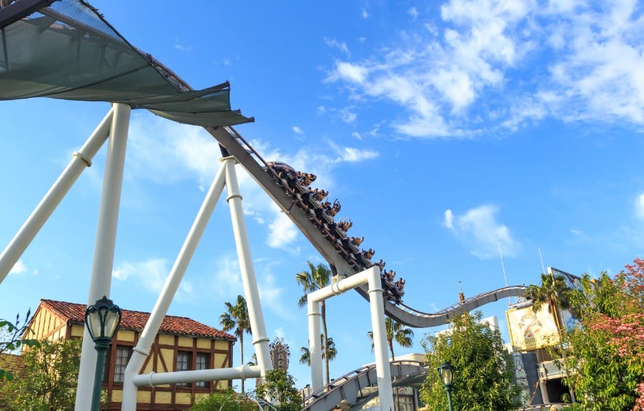 Picture of a carriage filled with people riding a rollercoaster at Universal Studios Japan.