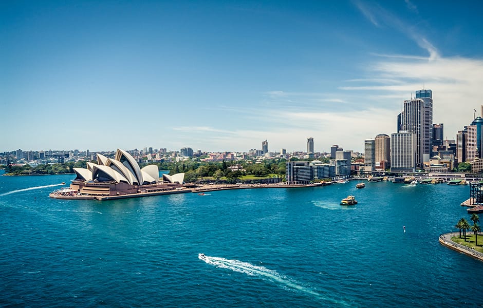 sydney opera house and circular quay ferry terminus from the harbour bridge