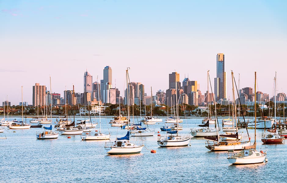 view of boats at sunrise in st Kilda melbourne