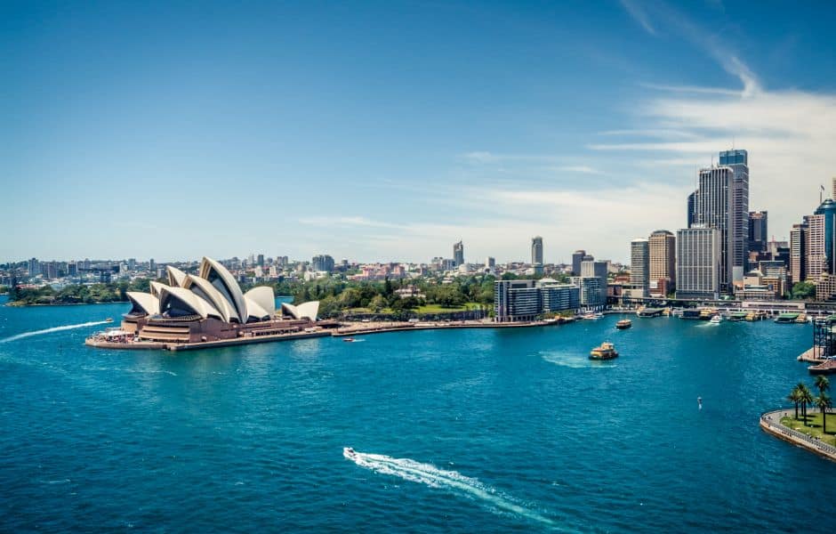 sydney opera house and circular quay ferry terminus from the harbour bridge