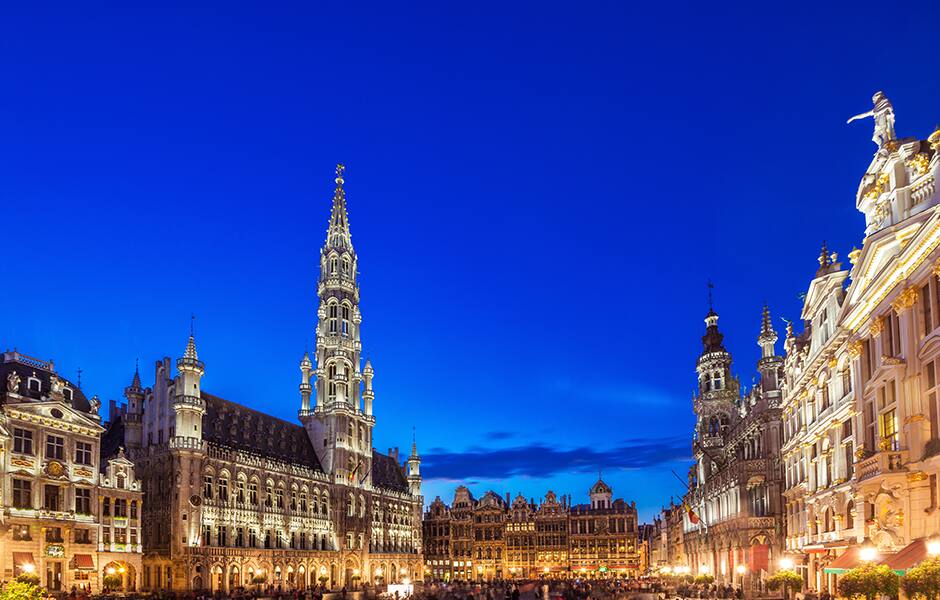 crowded central square and grand palace in brussels