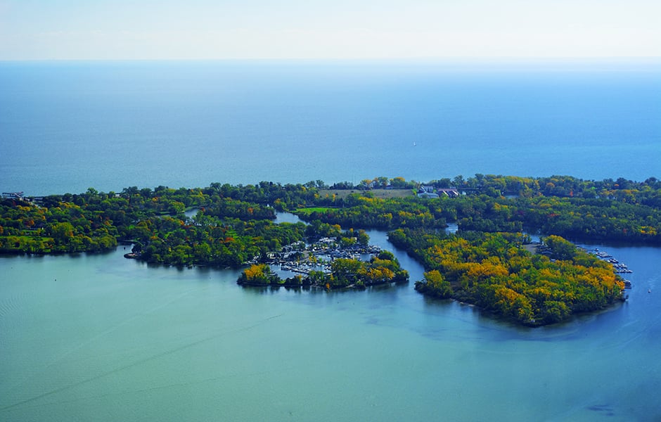 bird eye view of the toronto islands and lake ontario