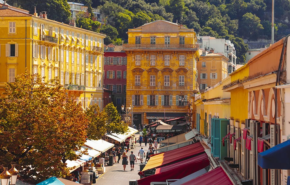 flower market and buildings in nice france