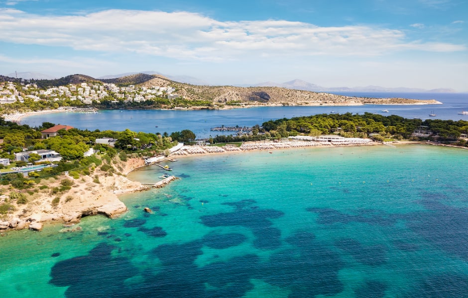 aerial view of the asteras beach on the south coast riviera of athens