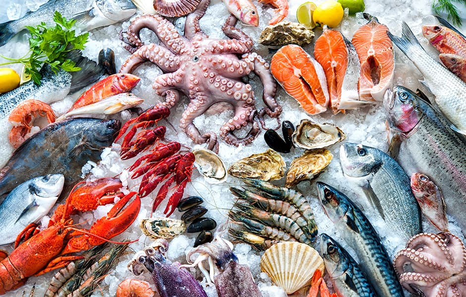 seafood on ice at a fish market in athens greece