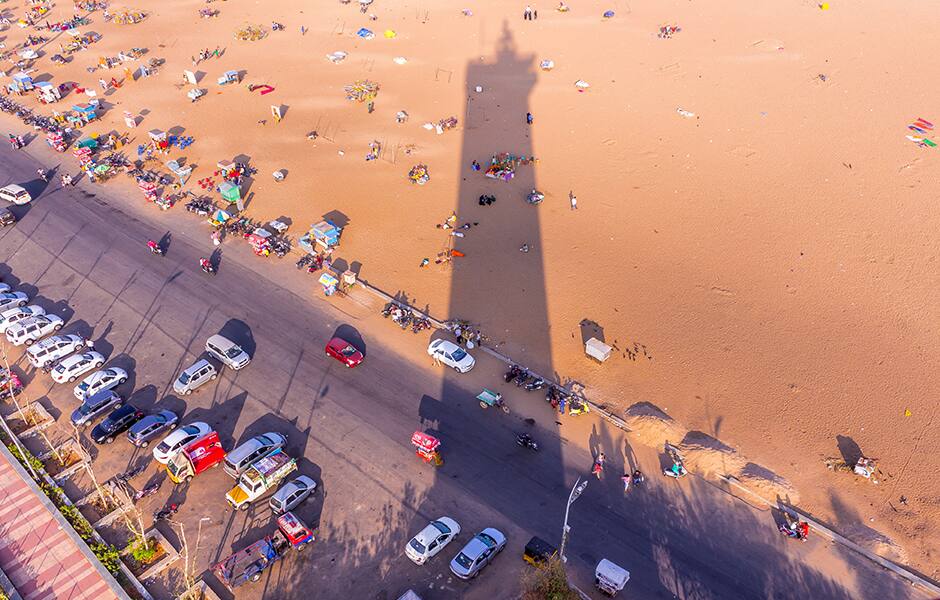 view of calm marina beach seascape in chennai from the lighthouse 