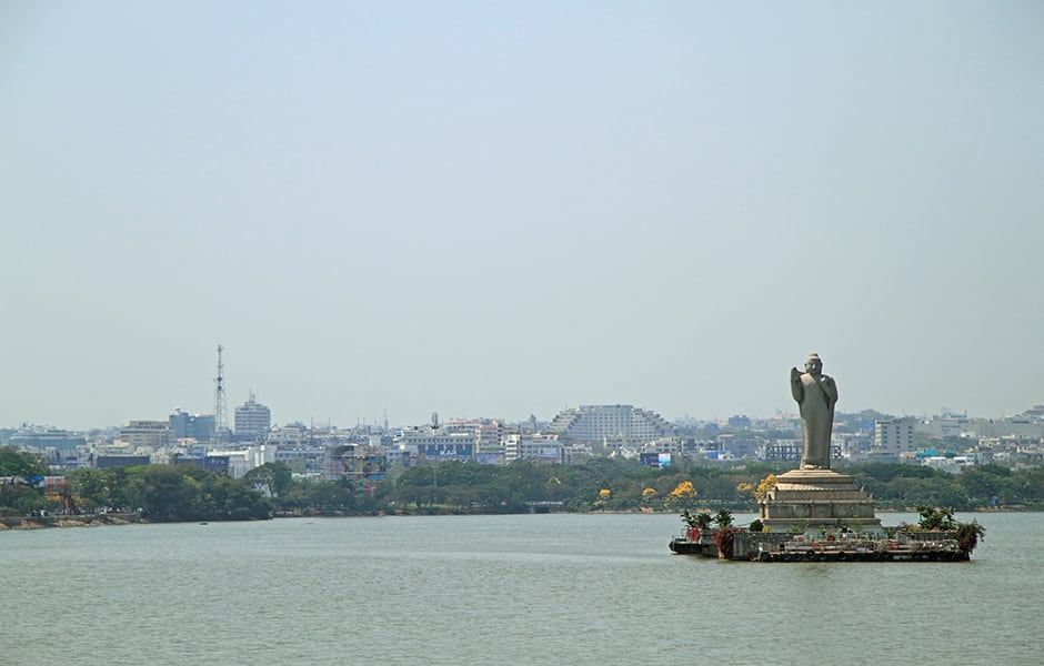 statue of the gautam buddha in the middle of the lake hussain sagar hyderabad india