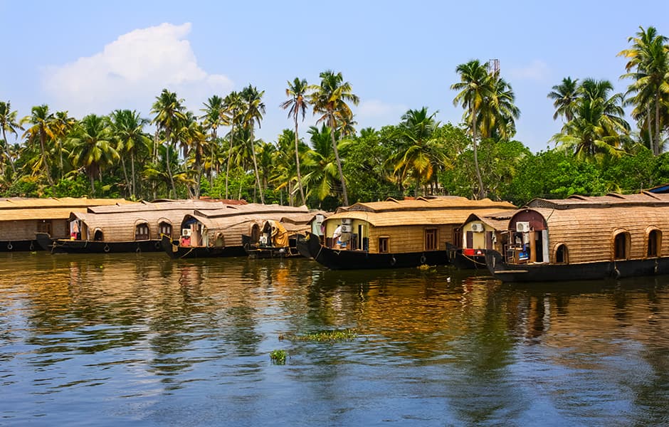 houseboats in a row at the kerala backwaters near kochi india