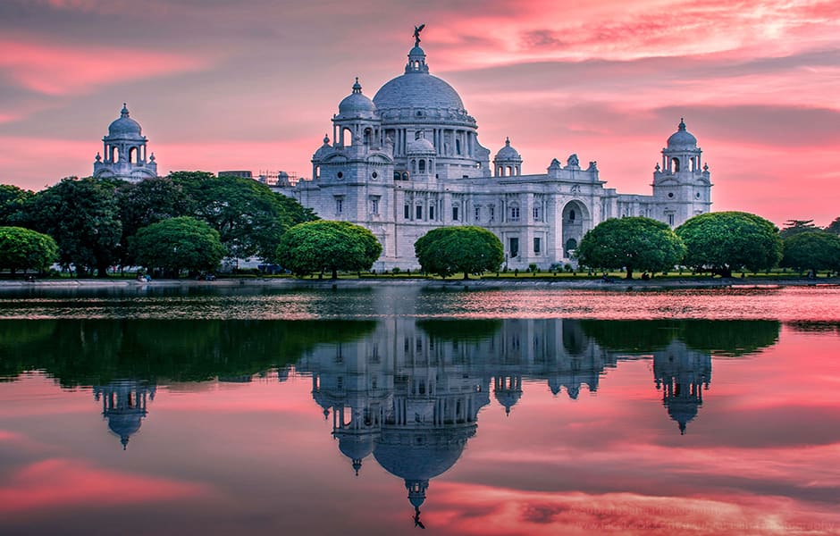 view of victoria memorial hall at sunset kolkata india