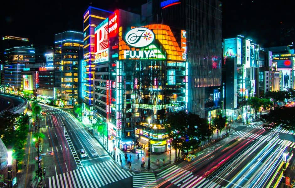 illuminated streets at night tokyo japan