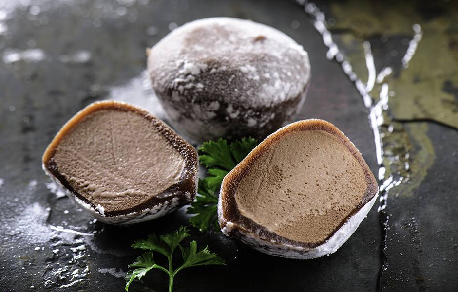 chocolate mochi icream served on a plate in tokyo japan