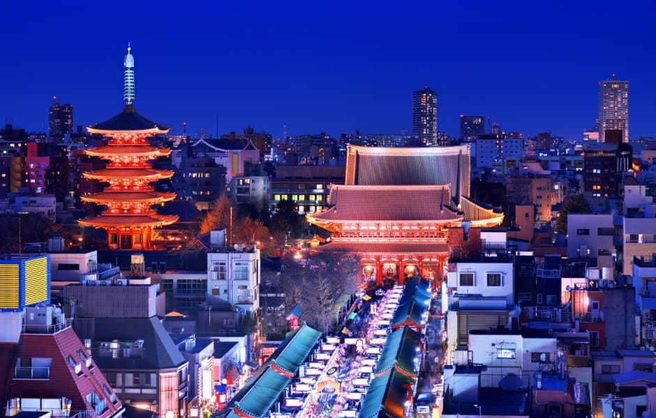 view of sensō ji temple at night tokyo