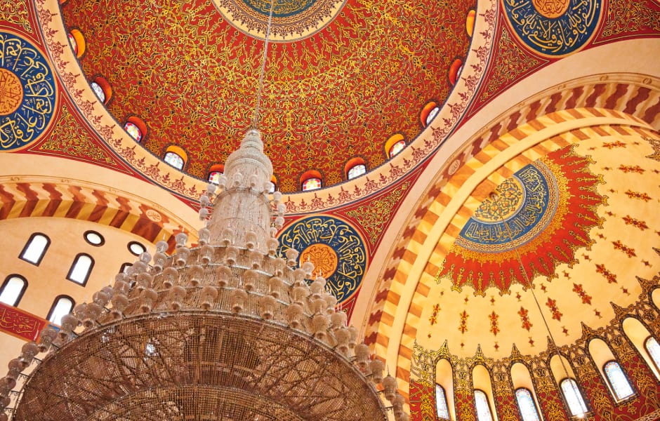 decorated dome and chandelier inside mohammad al amin mosque in beirut lebanon