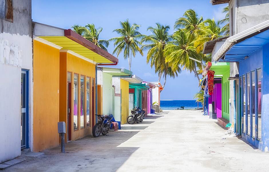 colourful buildings and palm trees in the maldives