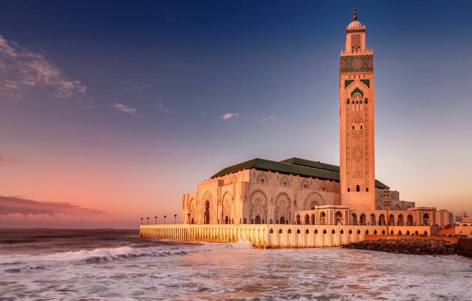 mosque casablanca morocco at sunset