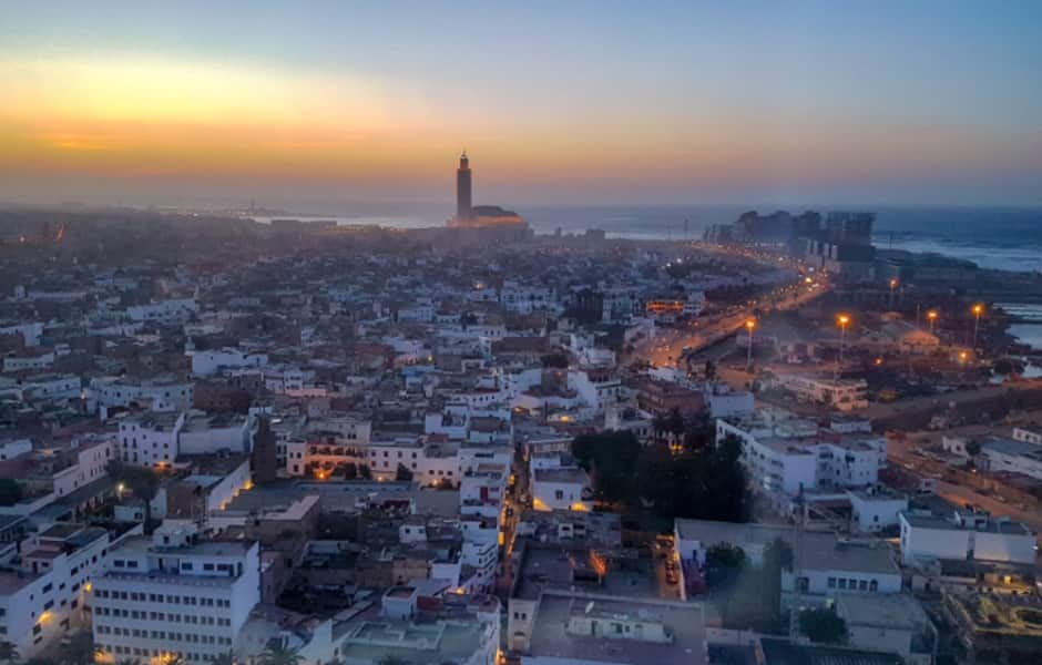 aerial sunset view of casablanca morocco city centre