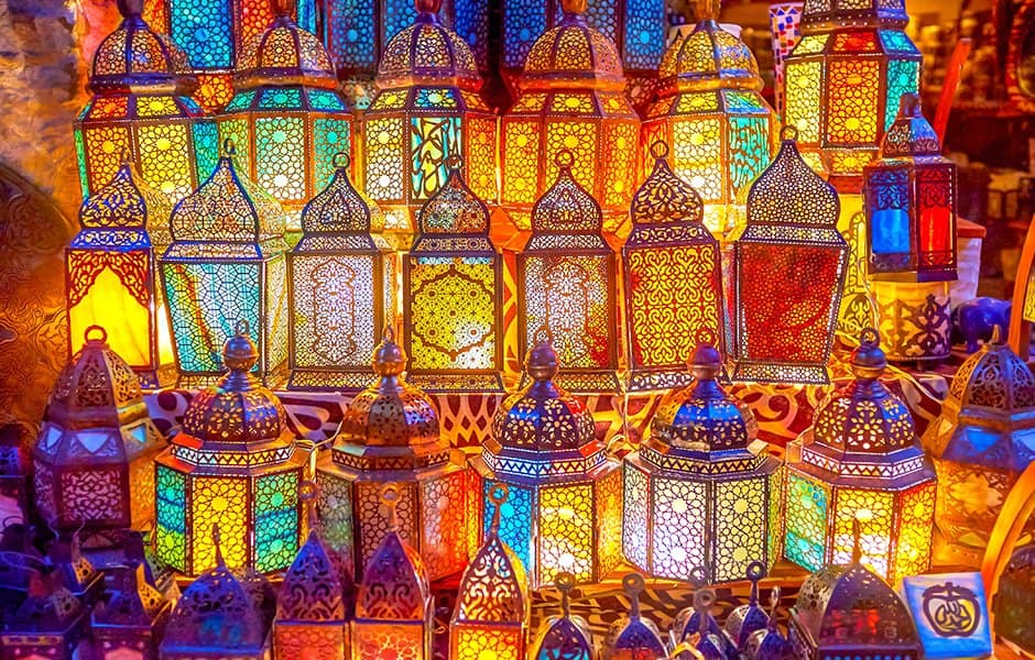 glowing lanterns on a market stall in cairo