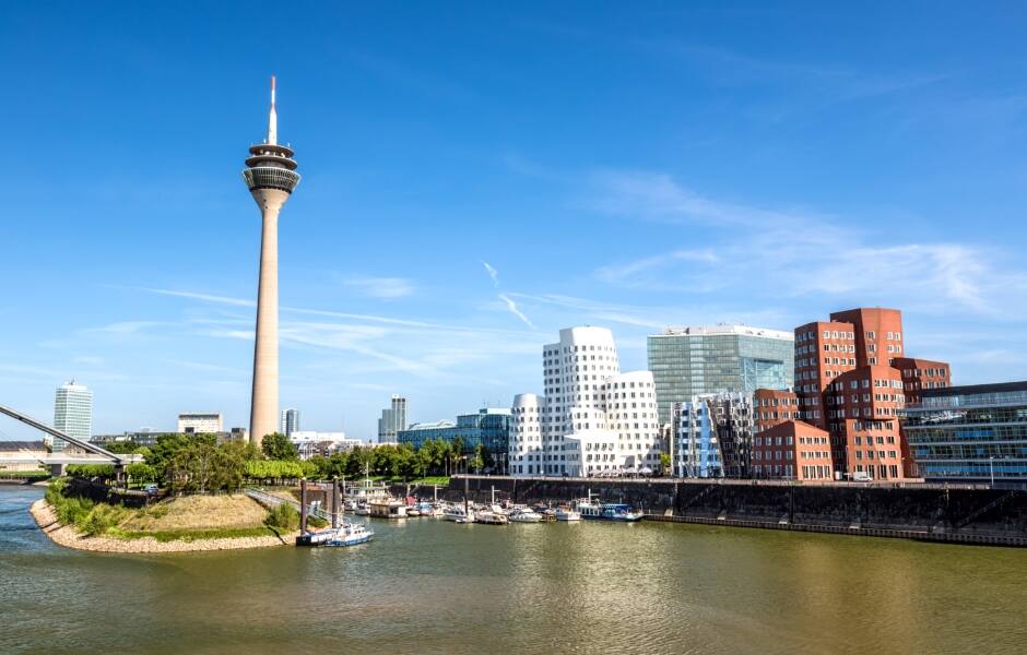 the rhine tower and dusseldorf skyline