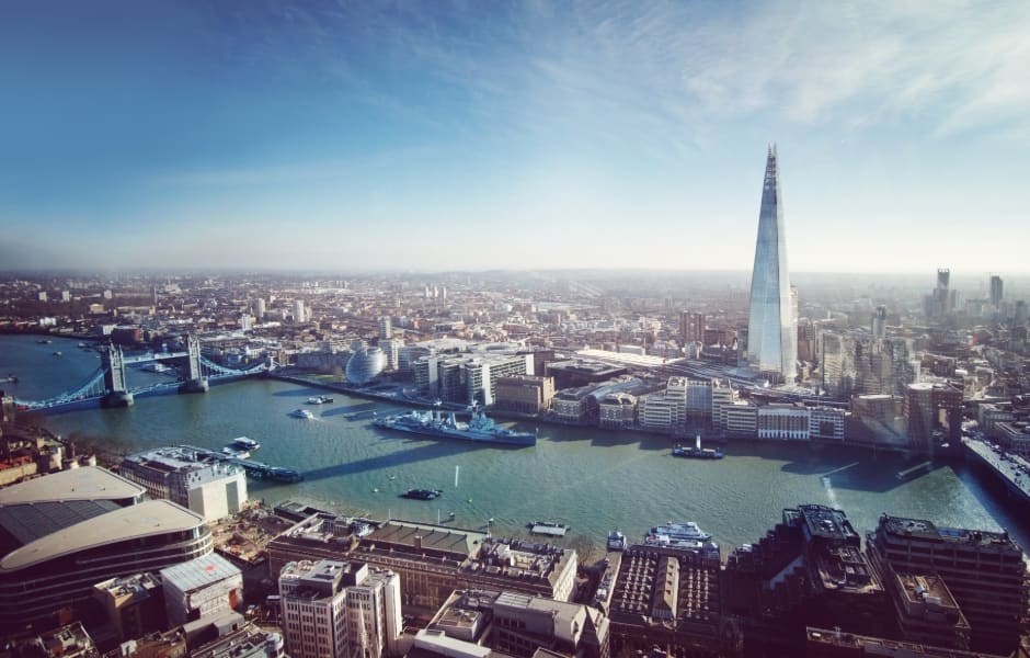 aerial view of the london shard with tower bridge 