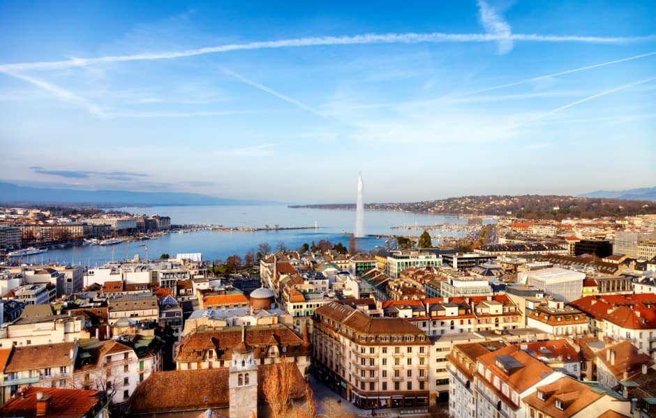 Aerial view of Geneva, Lake Geneva and Jet d’Eau