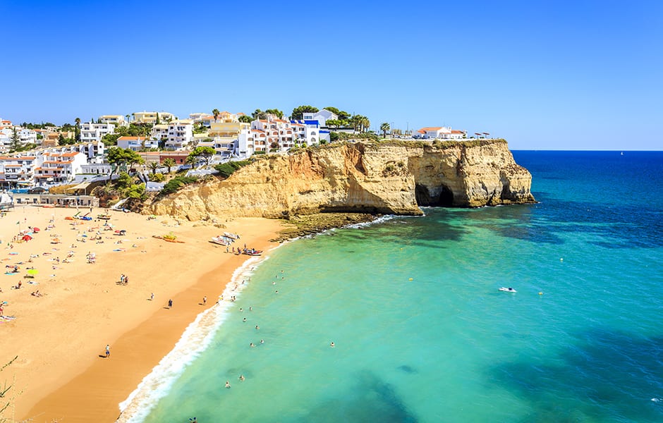 beach in carveoiro algarve in portugal