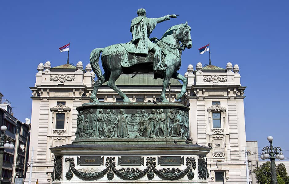 the prince mihailo equestrian statue in front of the national museum in belgrade serbia