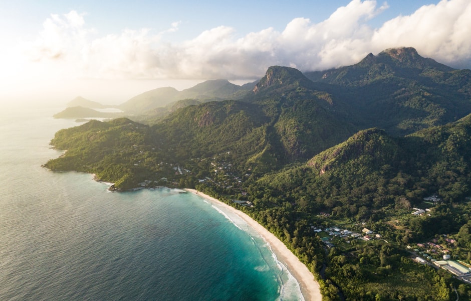 aerial view of grand anse beach on mahe island in the seychelles