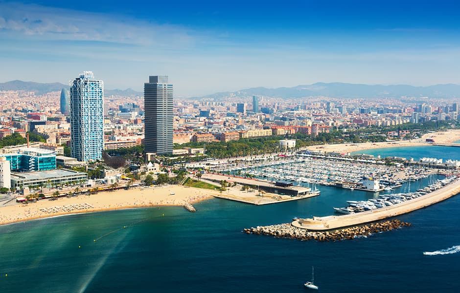 aerial view of port ollimpic and beach in barcelona