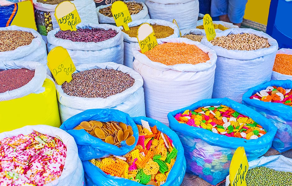 red beans and colourful pasta at the pettah market in colombo