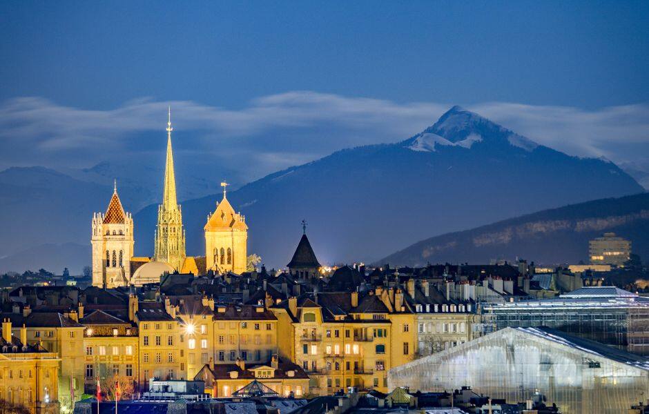 view of downtown geneva and alps