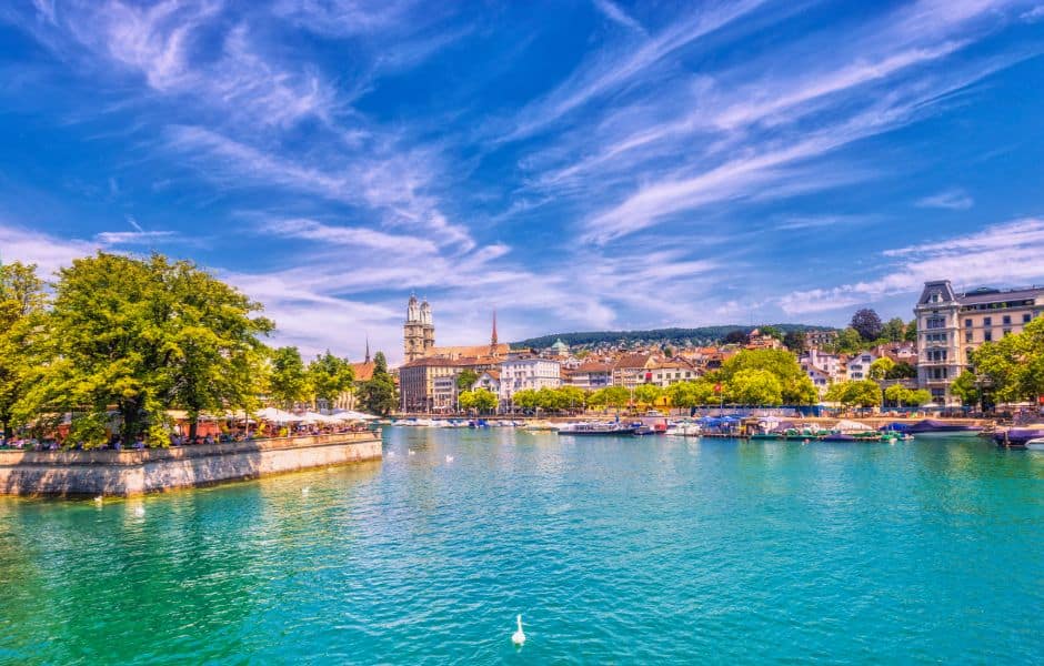 sunny day in zurich by the river limmat