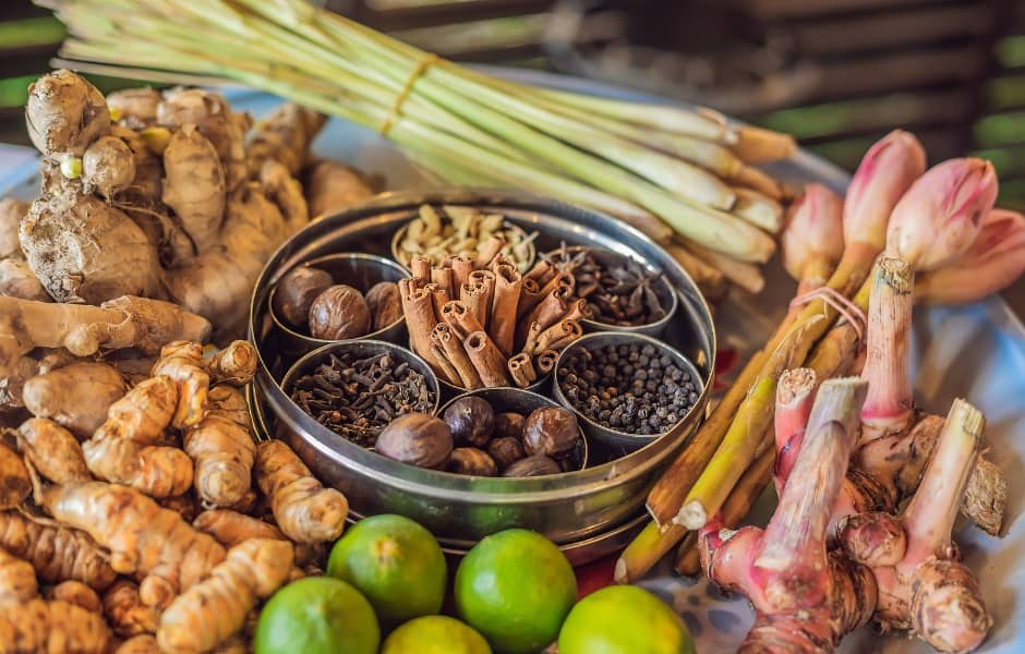 spices and grains at market stall zanzibar