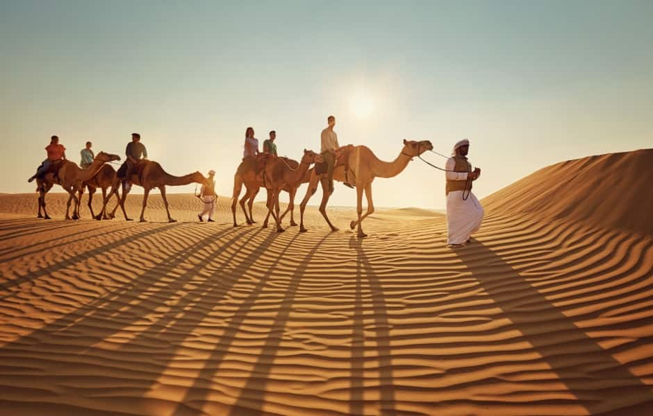 family walking with a camel in the desert abu dhabi