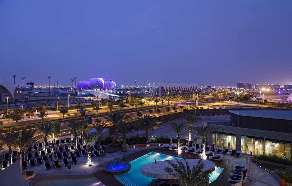 panoramic view of yas island hotel and formula one circuit at night abu dhabi