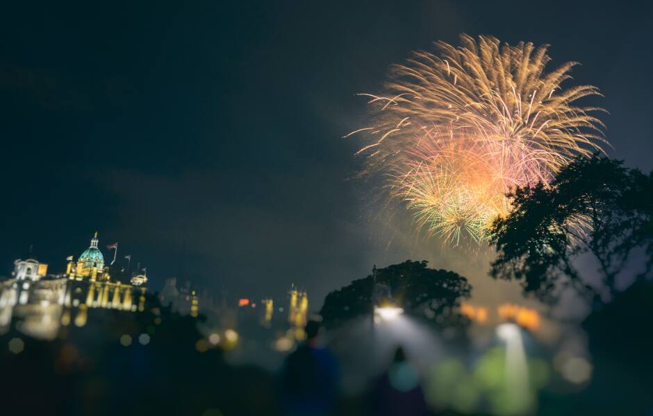 new year fireworks over the city of edinburgh with major attractions such as the castle and princes street