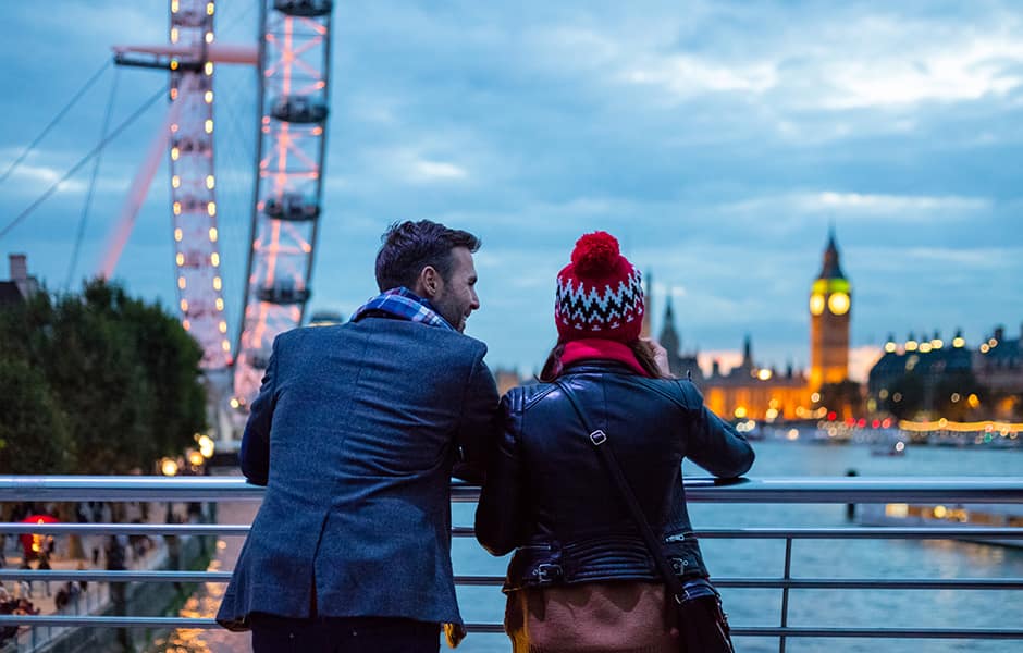 couple looking out over south bank london uk