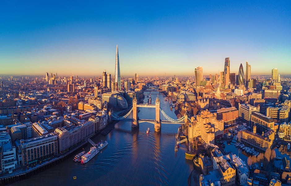 aerial view of london and river thames including shard