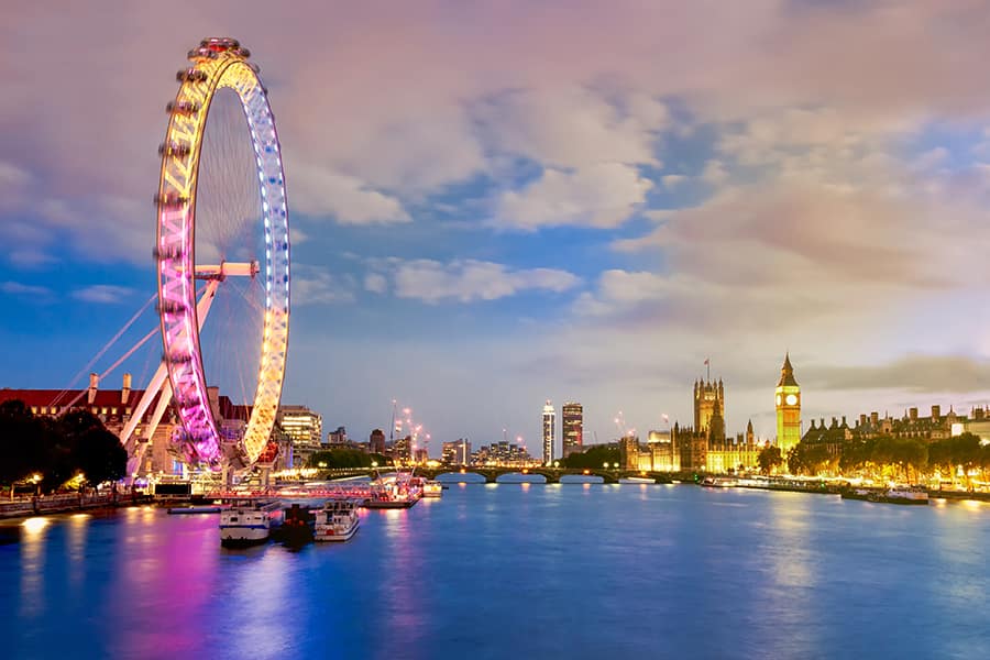 london eye lit up with london skyline by twilight