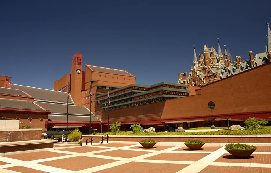 british library courtyard with st pancras station london