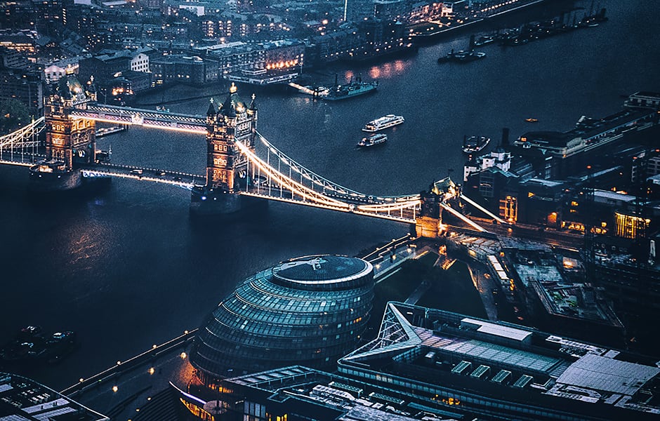 aerial view of tower bridge at night london uk