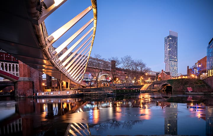 castlefield inner city conservation area at dusk in manchester