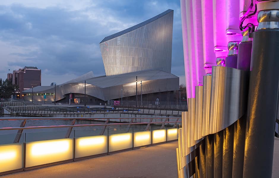 view of salford quays manchester looking towards the imperial war museum