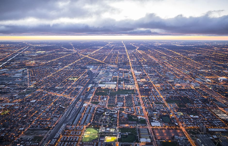 aerial view of chicago streets at twilight 