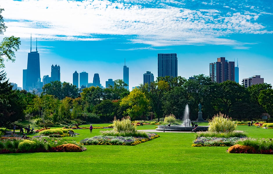 walkway and trees in millennium park in chicago