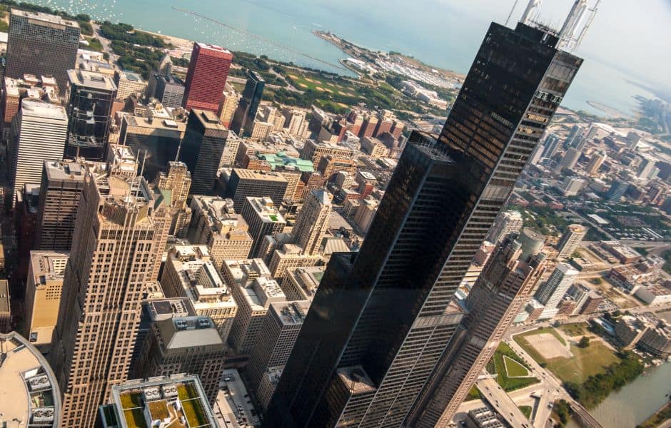 aerial view of chicago and sears tower