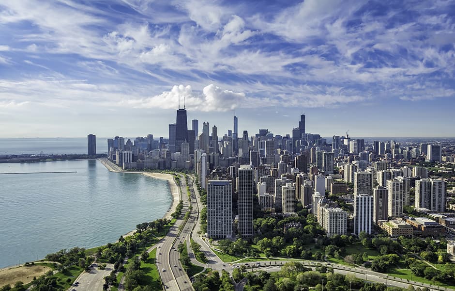 downtown skyline of chicago illinois from lincoln park at twilight