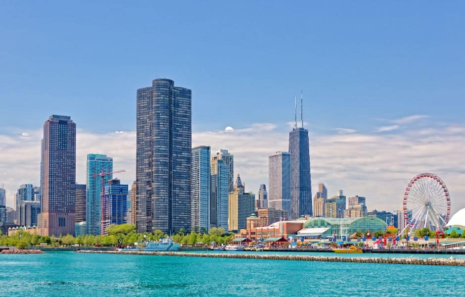 view of navy pier and skyline chicago