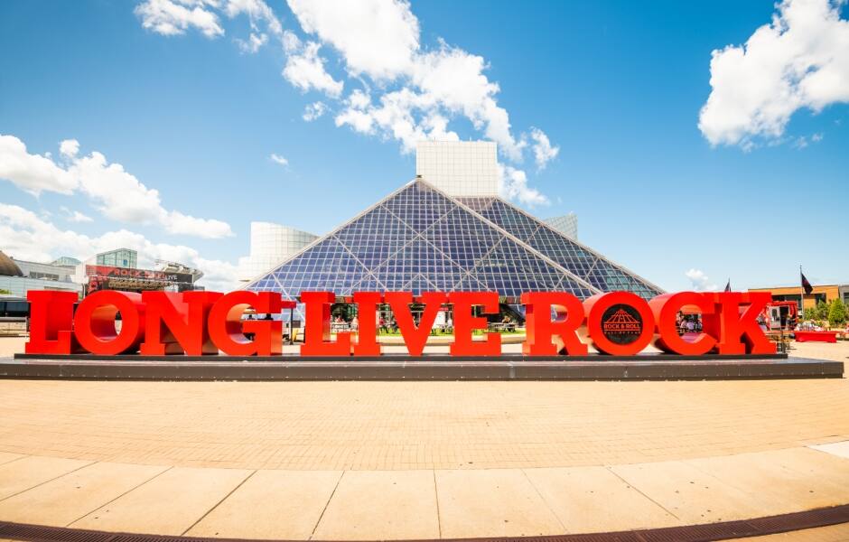 the red sign outside the rock and roll museum and hall of fame in ohio 