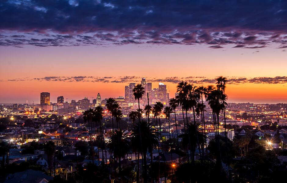 View of Los Angeles skyline at sunset