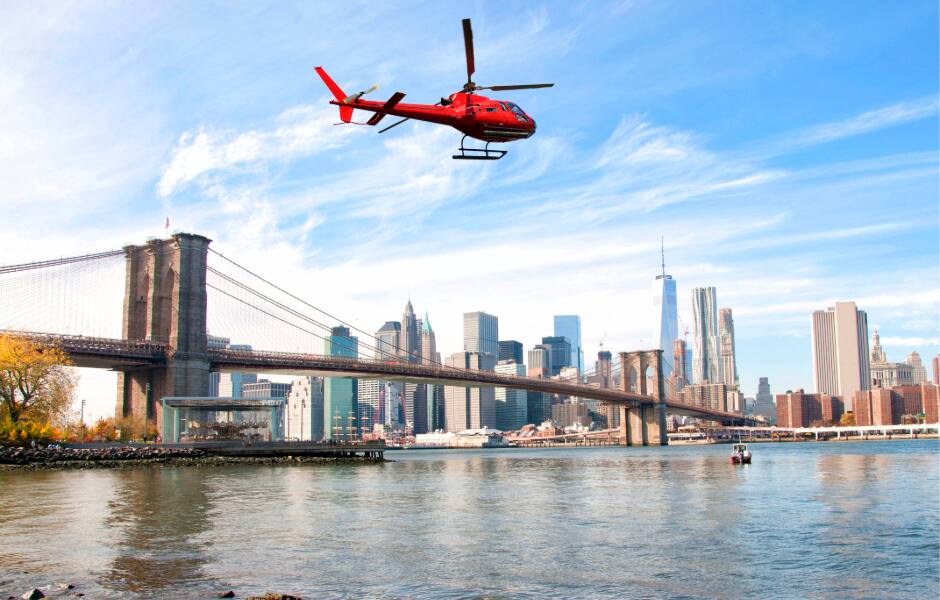 statue of liberty and skyline helicopter